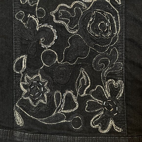 Chico's Platinum Jean Denim Jacket 0 Small Black Silver Buttons Stitching Beaded - Picture 5 of 8